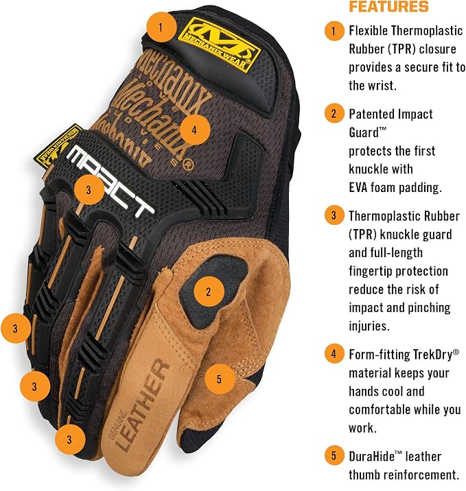 Mechanix Wear M-Pact Leather Gloves - Leather Impact-Resistant Work Gloves for Hand Support - Breathable Design - Shock Absorbing - Machine Washable - Brown/Black - X-Large