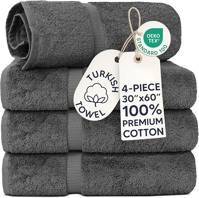 Chakir Turkish Linens 4 Piece Extra Large Bath Towels, 100% Cotton Luxury Turkish Towels for Bathroom, Soft Absorbent Bath Towels, 30 x 60 Inches, Dark Gray