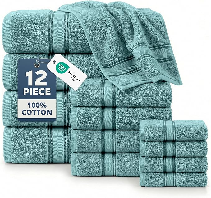 LANE LINEN Towels for Bathroom – 12 Pack, 100% Cotton Towel Sets, Zero Twist, 4 Bath, 4 Hand Towel & 4 Wash Cloths, Highly Absorbent, Luxury Hotel & Spa Quality, Machine Washable – Teal