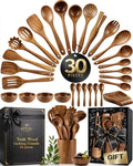 Zulay Kitchen 30-Piece Teak Wooden Utensils - Natural Teak Cooking Utensils with Premium Gift Box - Non-Stick Wooden Spoons - Kitchen Gift Set - Comfortable Grip