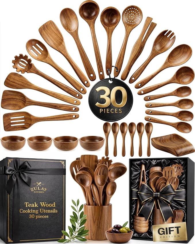 Zulay Kitchen 30-Piece Teak Wooden Utensils - Natural Teak Cooking Utensils with Premium Gift Box - Non-Stick Wooden Spoons - Kitchen Gift Set - Comfortable Grip
