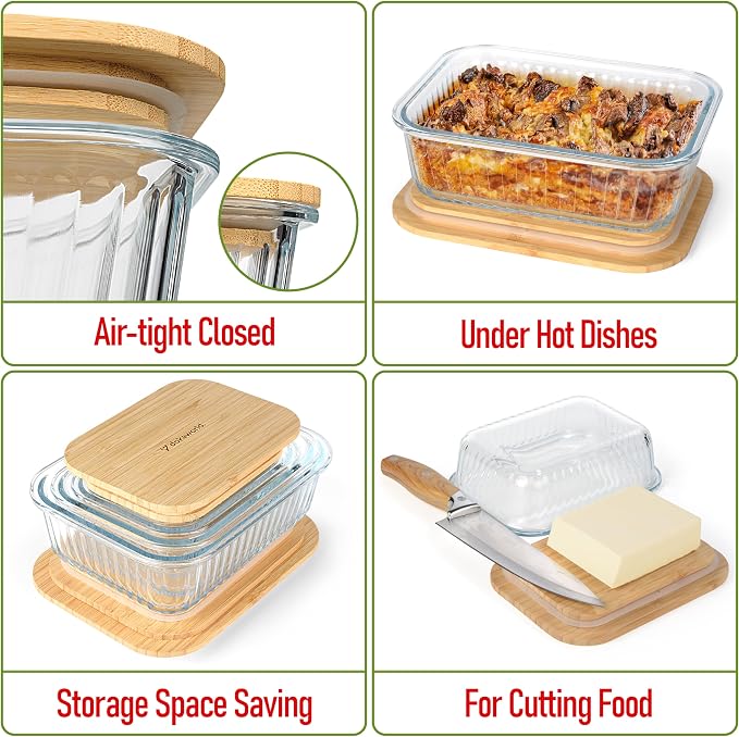 Ribbed Glass Tupperware Set with Bamboo Lids - 4 Stackable Meal Prep Containers. Durable heat resistant Inert Borosilicate Glass