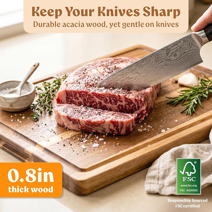 Acacia Wood Cutting Boards for Kitchen Set of 3, Double sided | Non toxic chopping boards: cut one side, serve on the other; FSC wooden, large kitchen boards for charcuterie