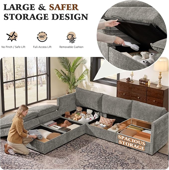 Ihanherry 103” Modular Sectional Sofa with Storage, U Shaped Cloud Couch with Movable Ottomans & 4 Pillows, Chenille Deep Seat Sectional Couches for Living Room, Apartment (Grey)