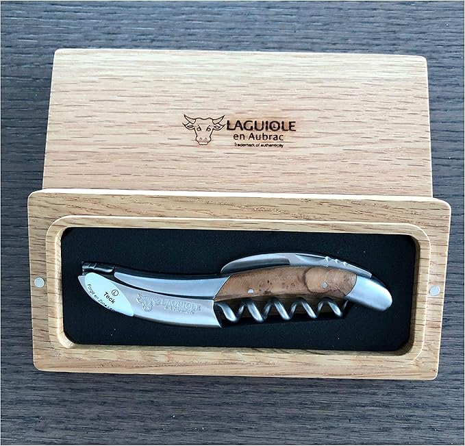Laguiole En Aubrac Sommelier Waiter's Corkscrew, Teak Burl Wood Handle, Wine Opener With Foil Cutter & Bottle Opener, Stainless Steel Brushed Bolsters…