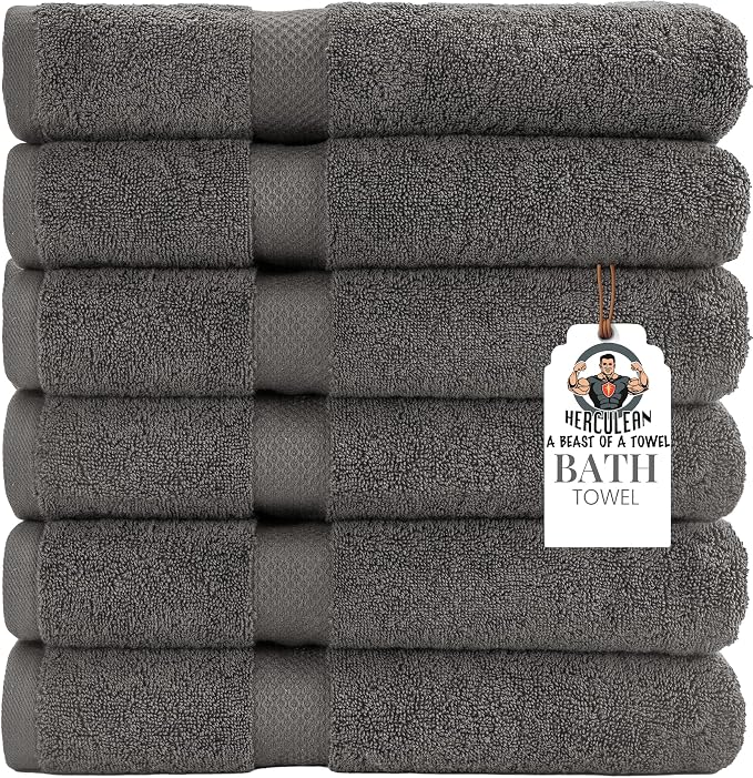 HERCULEAN Premium Bath Towels 24 x 48 Pack of 6 | Quick Dry and Highly Absorbent | 100% Cotton Terry Towels for Bathroom - Perfect for Shower - Pool and Spa - Luxury Soft Towels - Light Grey