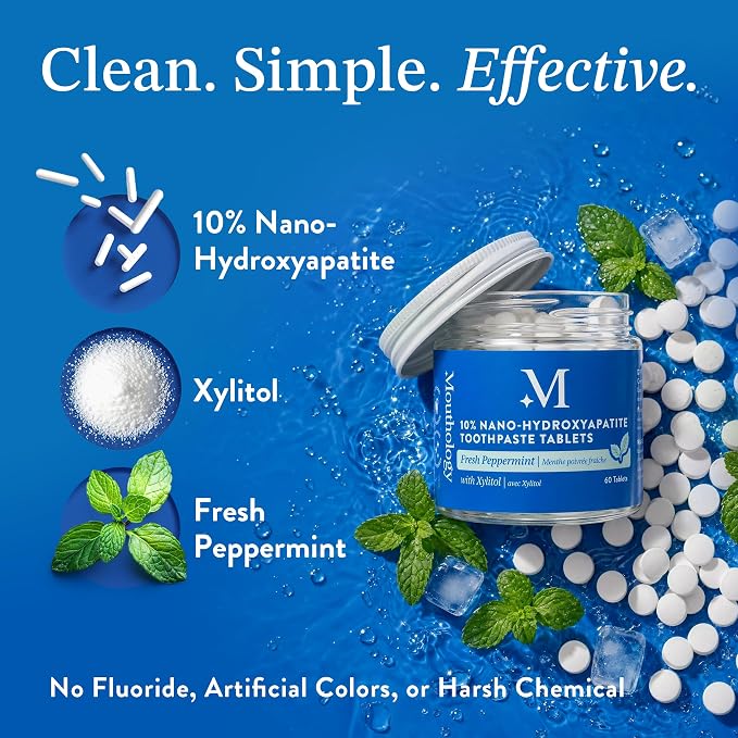 Mouthology 10% Nano Hydroxyapatite Toothpaste Tablets Fluoride Free, Whitening*, Rod Shaped nHa, Xylitol Toothpaste for Adults, Enamel Care*, Sensitive Teeth*, SLS Free, Mint 60 Pack (USA Made)