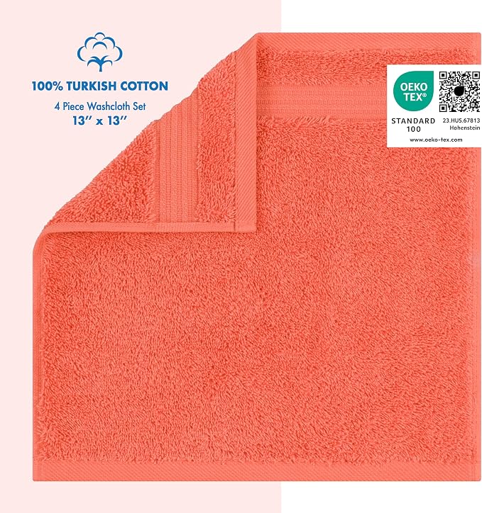 Cotton Paradise 100% Cotton Turkish Towel Set, Soft Absorbent Quick Dry, 4 Piece Washcloth Set, Coral