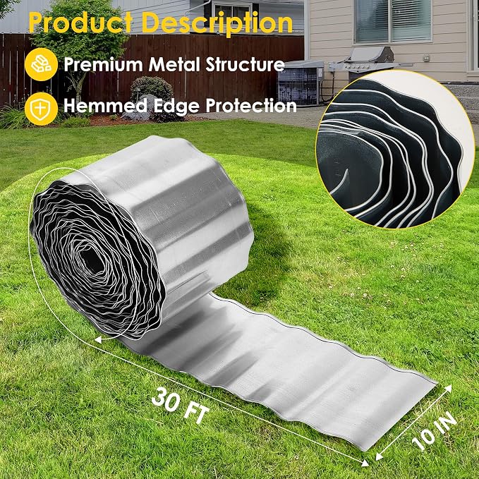 Vehipa Garden Edging Brooder for Landscaping 10" x 30 Ft Corrugated Silver | Landscape Edging, Garden Bed Lawn for Flower Bed, Landscape Border for DIY Lawn, Yard