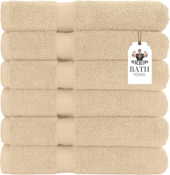 HERCULEAN Premium Bath Towels 24 x 48 Pack of 6 | Quick Dry and Highly Absorbent | 100% Cotton Terry Towels for Bathroom - Perfect for Shower - Pool and Spa - Luxury Soft Towels - Beige