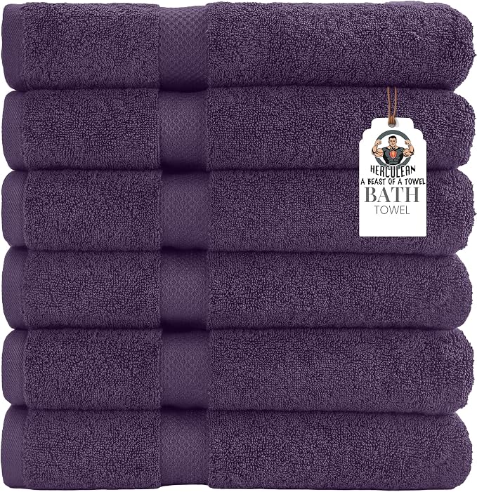 HERCULEAN Premium Bath Towels 24 x 48 Pack of 6 | Quick Dry and Highly Absorbent | 100% Cotton Terry Towels for Bathroom - Perfect for Shower - Pool and Spa - Luxury Soft Towels - Plum