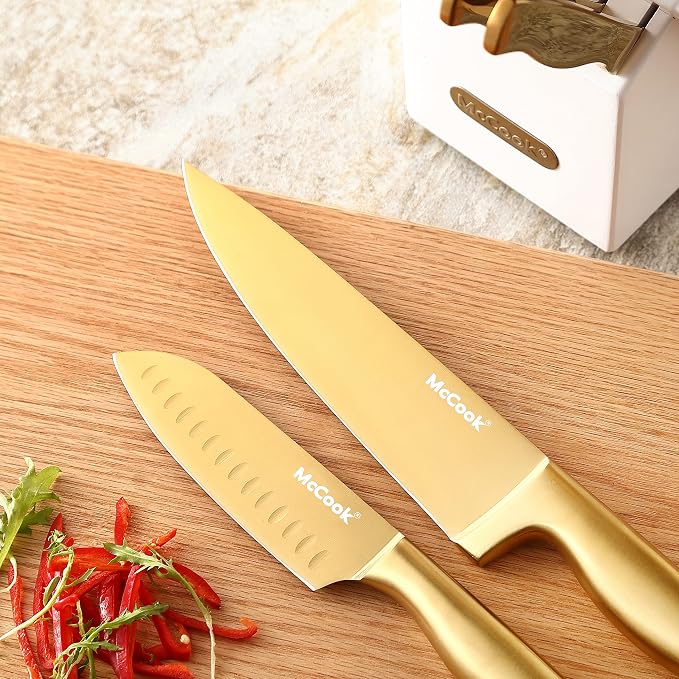 McCook® Kitchen Knife Sets, Golden Titanium Stainless Steel Knives Block Set with Built-in Sharpener, 20 Piece Knives, Restaurant Grade Sharp, Elegant Gold & Stylish Wooden Block for Modern Culinary | German Forged Stainless Steel,20 PC,Razor Sharp,Ant...