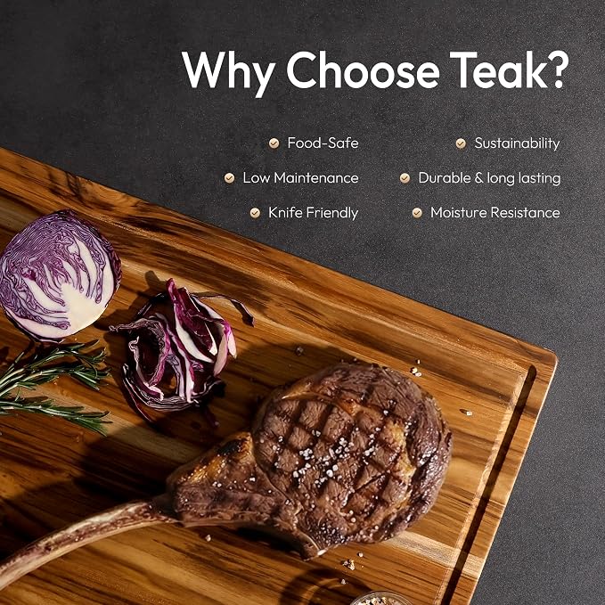 3 Pack Teak Wood Cutting Board Set for Kitchen Charcuterie Board Serving Heavy Duty Non Toxic Slip Over Sink Solid Thick Haus Wooden Chopping Board Large Big Small Meat Kitchen Essential Gift
