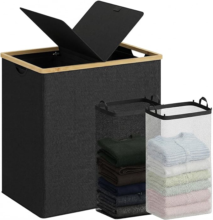 efluky Laundry Hamper with Lid, Double Laundry Basket with 2 Removable Bags, 2 Section Laundry Bin with Bamboo Handles for Bathroom, Bedroom & Laundry Room, 140L (36.9 Gallon) Black