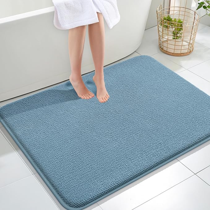 OLANLY Memory Foam Large Bathroom Rugs 40x32, Absorbent Bath Mat, Airy Blue | Soft Quick Dry Bath Mat Rugs, Non-Slip, Machine Washable Mat for Bathroom Floor, Tub and Shower, Home Decor Accessories