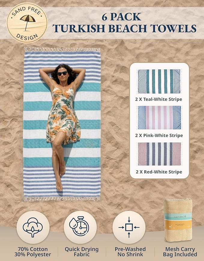 LANE LINEN Beach Towels 6 Pack, Super Absorbent, XL - Diamond Multi Stripe | Bulk Beach Towels Oversized - Pool Towels for Adults - Pre-Washed, 39"x71", Vacation Essential - Machine Washable, Sand Free