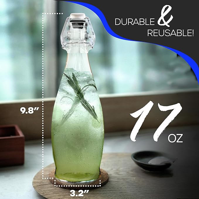 Nevlers 17 Oz Teardrop Flip Top Glass Bottle with Stopper 12 Pack | Swing Top Glass Bottles with Airtight Lid, Funnel, Brush, Tags, Marker & Shrink Wrap | Soda Bottles | Air Tight Bottle For Liquids