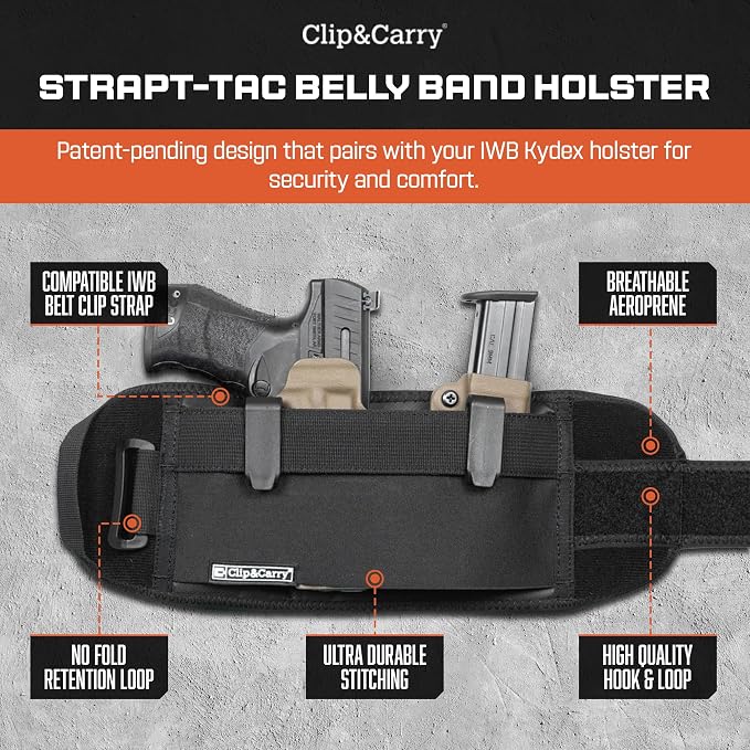 Clip & Carry STRAPT-TAC Belly Band Holster, Use with Any IWB Kydex Gun Holster for Concealed Carry (kydex Holster not Included)