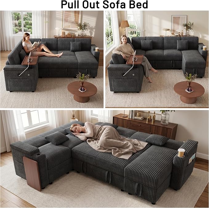 L-Shaped Sectional Sleeper Sofa with Pull Out Bed, Dark Grey | Plush Corduroy, Reclining Backrest, Storage Chaise, Usb Ports, Cup Holders & Table – Modular Cloud Couch for Living Room