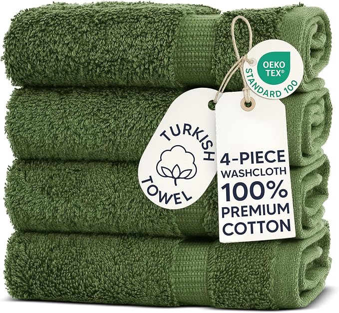 Chakir Turkish Linens 4 Piece Washcloth Set, 100% Cotton Luxury Turkish Washcloths for Bathroom, Soft Absorbent Washcloths, 13 x 13 Inches, Moss