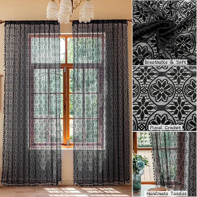 Sutuo Home Black Boho Sheer Curtains 84 inches Long 2 Panel for Living Room | Bohemian Lace Curtains Drape Crochet Light Filtering Farmhouse Decor Vintage Chic Tassels Window Treatments Rod Pocket, 50" W