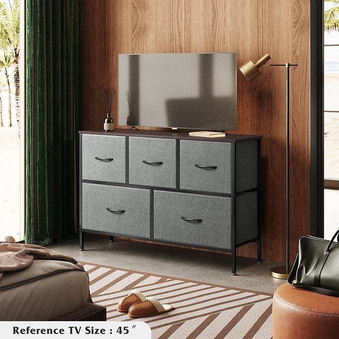 WLIVE 5 Drawer Dresser for Bedroom, Wide Chest of Drawers, Dark Grey | 5 roomy fabric drawers, Wide low-profile design, Bedroom or closet use, Sturdy steel frame, Smooth wood tabletop