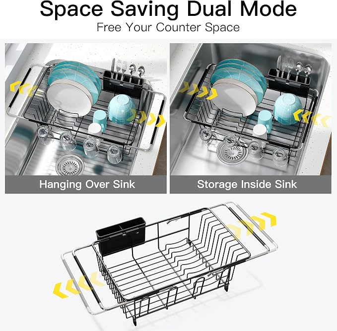 JASIWAY Black Dish Drying Rack in Sink, Dish Drainer with Utensil Holder | Over The Sink Expandable Stainless Steel Strainer Dryer Rack for Small Kitchen, Counter Space Saving, Fast Drain, Rustproof