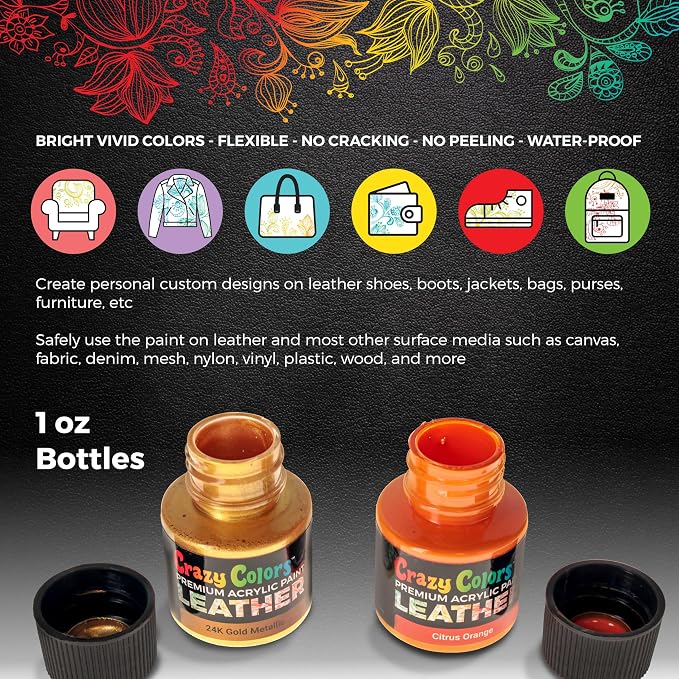 Crazy Colors Premium Acrylic Shoe & Leather Paint Kit 29-Color with 4 Brushes (1 oz Bottles) - Acrylic Leather Paint for Shoes, Sneakers, Jackets, Bags, Purses, Furniture