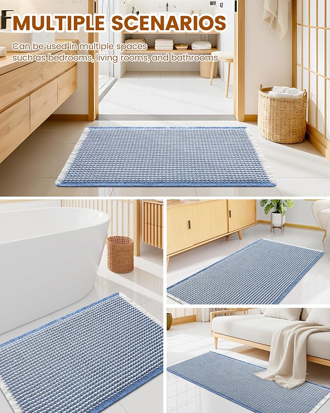 Smiry Waffle Bath Mat 72x24, Extra Soft Absorbent Bathroom Rugs, Non Slip Machine Washable Quick Dry Bath Rugs for Bathroom Floor, Tub, Shower, Home Decor Accessories, Blue & Cream