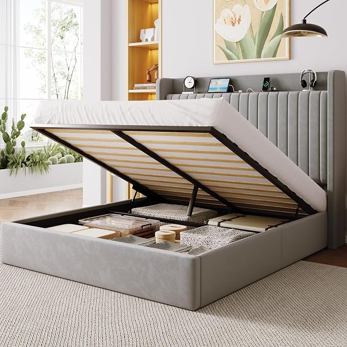 Allewie Queen Lift Up Storage Hydraulic Bed Frame,Charging Station,Grey | Storage Shelf Headboard with Charging Station,Type-C,USB Ports,Hydraulic Support,Velvet Upholstered,No Box Spring Needed