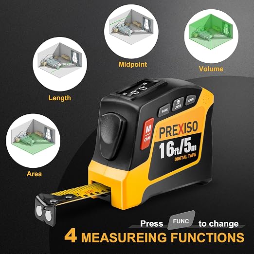 PREXISO 2-in-1 Digital Tape Measure - 16Ft Rechargeable Measuring Tape Ft/Ft+in/in/M/CM/MM - Metric & Inches Retractable Measurement Tape Tool with Auto Lock & Magnetic Tip - Pythagorean, Area, Volume