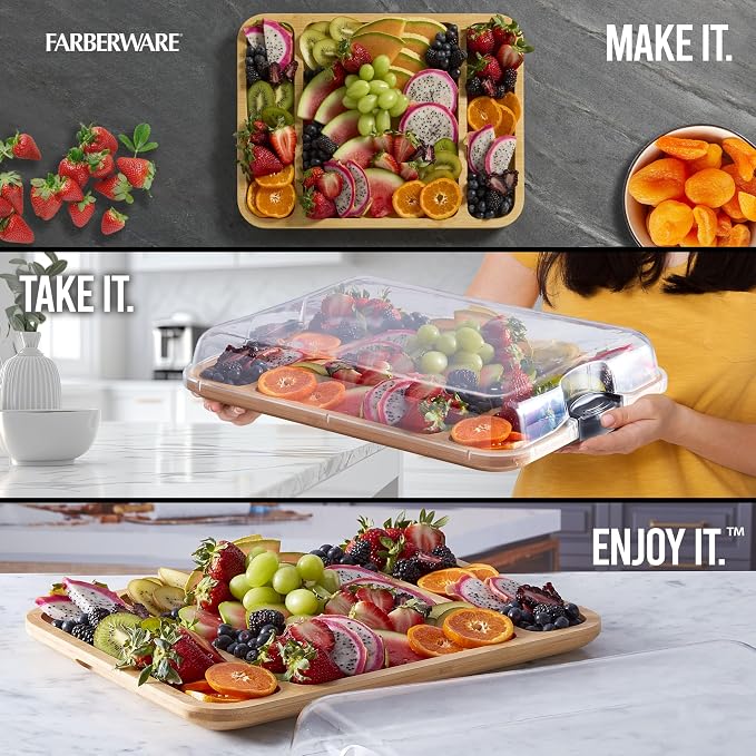 FARBERWARE Build-a-Board Cutting Board with Three Compartments and Clear Locking Lid for Charcuterie, Snacks, and More, Bamboo