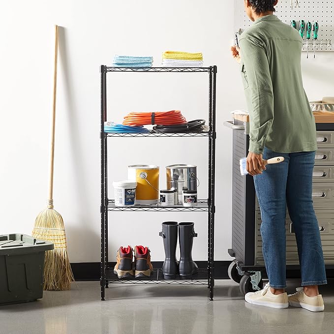 Amazon Basics 4-Shelf Steel Wire Storage Shelves for Garage, Adjustable Metal Shelving Unit, 200 lbs Per Shelf, 23.2" W x 48" H x 13.4" D, Black | Sturdy