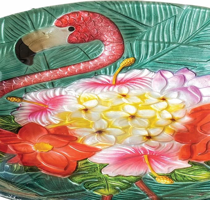 Teamson Home 17.8 in. Fusion Glass Birdbath, Multi | Bird Design, Tropical Flamingo Design, Foldable Metal Stand, Ground Hook