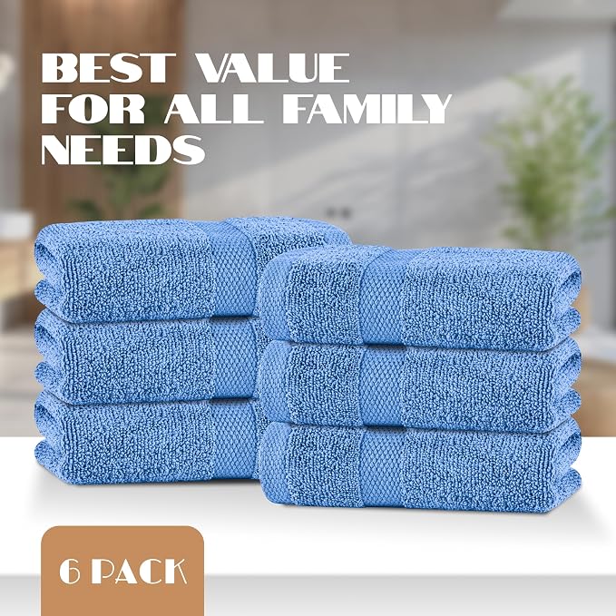 White Classic Light Blue Hand Towels for Bathroom [6 Pack] Cotton Hand Towel Bulk for Gym, Kitchen and Spa, 16x27 Inches Soft Highly Absorbent Quick Dry Terry Salon Towels