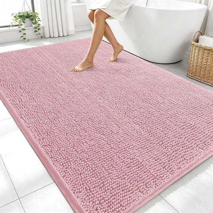 OLANLY Large Bathroom Rugs 70x46, Extra Soft Absorbent Chenille Bath Rugs, Rubber Backing Quick Dry, Machine Washable Bath Mats for Bathroom Floor, Tub and Shower, Home Decor Accessories, Dusty Rose