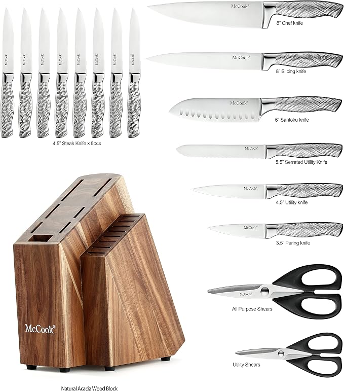McCook Knife Set Sharp Kitchen Knife Block Set w Built-in Sharpener | German Forged Stainless Steel,17 PC,Razor Sharp, Anti-Rust,Restaurant Grade, Ergonomic Handle,Full Tang,Gift Box