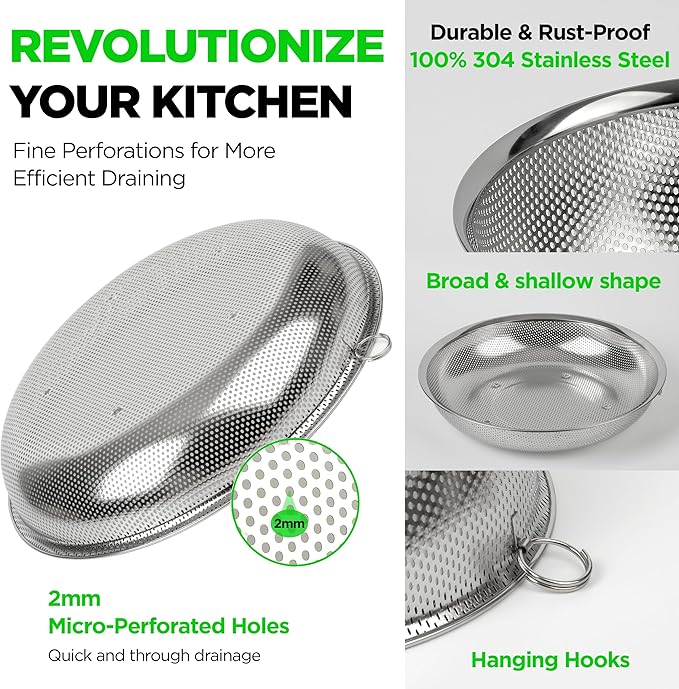 Shallow Stainless Steel Colander Set of 3 – Micro-Perforated Tray Strainers for Berries Vegetables Fruit, 18/8 304 Low Profile (2, 3, 4 Qt) Self-Draining Base, Dishwasher Safe, Made in Korea
