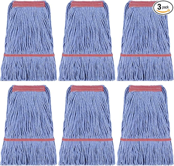 Eccliy 3 Pack Commercial Mop Heads Replacement Heavy Duty 18 oz Loop End Cotton String Wet Mop Refills Washable Absorbent Reusable for Industrial Home Tile Wood Concrete Floor (Blue,Red)