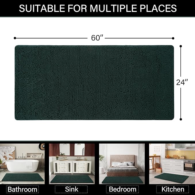 LOCHAS Luxury Bathroom Rug Shaggy Bath Mat 24 x 60 Inch, Hunter Green | Washable Non Slip Bath Rugs for Bathroom Shower, Soft Plush Chenille Absorbent Carpets