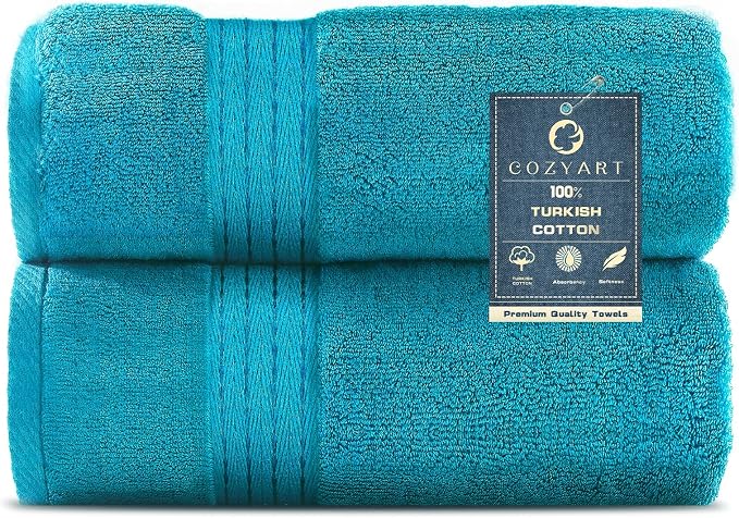 COZYART Luxury Bath Towels 2 PCS, Teal 100% Turkish Cotton 650 GSM | OEKO-Tex 100 Certified Zero Twist Ring Spun, Soft Absorbent Quick Dry, Plush Fluffy, Breathable Hotel Quality for Daily Use