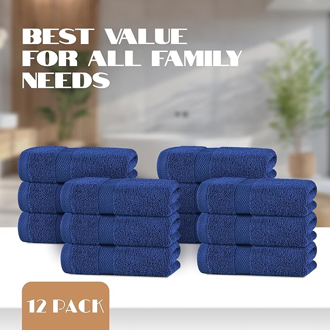 White Classic Navy Blue Hand Towels for Bathroom [12 Pack] Cotton Hand Towel Bulk for Gym, Kitchen and Spa, 16x27 Inches Soft Highly Absorbent Quick Dry Terry Salon Towels