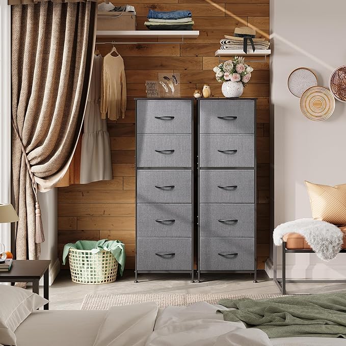 WLIVE Fabric Dresser, 5-Drawer Tall Dressers for Bedroom, Storage Dresser Organizer with Fabric Bins, Wood Top, Sturdy Steel Frame, Chest of Drawers for Closet, Hallway, Dark Grey