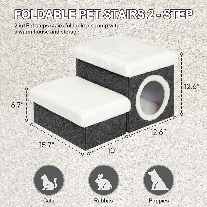 B FSOBEIIALEO Cat House Pet Stairs for Beds Sofa, Foldable Dog Steps 2-Tier With Storage Toy Box, Small Indoor Pet Steps Grey 15.7x12.6x12.6 Inches