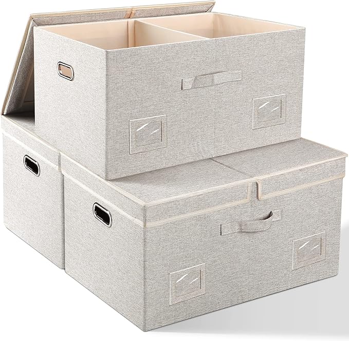 Graciadeco 75 Quarts Extra Large Decorative Storage Bins with Lids, 3 Packs Beige Collapsible Storage Bins with Lids, Stackable Storage Bins Decorative Box Storage With Lid Extra Large