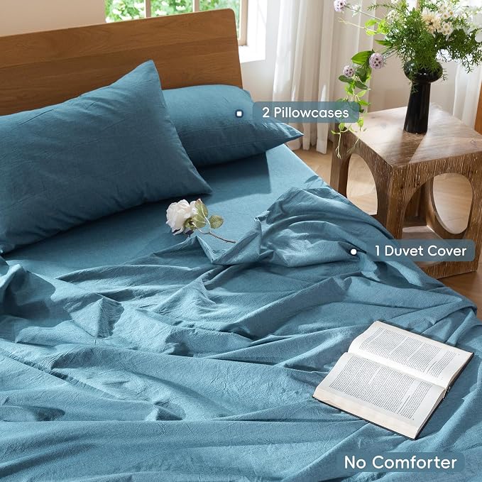 MooMee Duvet Cover Set 100% Washed Cotton Linen Like Full | Relaxed Linen-like Texture. Soft, Breathable & Long-lasting Comfort. Lightweight. Hidden Zipper with 8 Interior Corner Ties