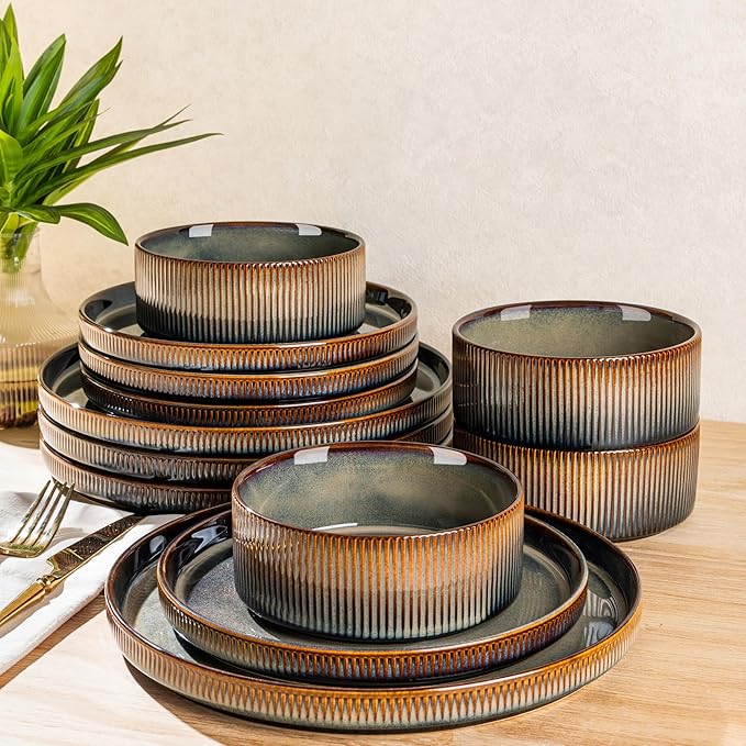 TheTerra Ceramic Dinnerware Sets for 4, 12 Pieces Porcelain Lightweight Plates and Bowls Sets, Scratch Resistant Dish Set, Oven & Microwave & Dishwasher Safe, Coca Mocha