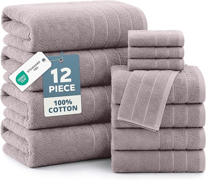 Casa Platino Towel Set Quick Dry 100% Cotton 12 Piece Soft - Platinum | Set Of Towels - Ring-Spun Durability, Ring-Spun Cotton, Terry Weave Comfort, Long-Lasting Comfort, Hotel-Style Look