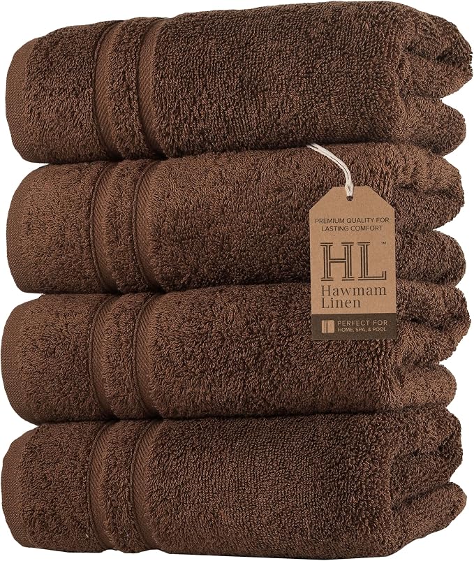 Hawmam Linen Brown Hand Towels 4 Pack Turkish Cotton Premium Quality Soft and Absorbent Small Towels for Bathroom