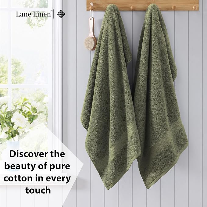 LANE LINEN Bath Towel Set 100% Cotton 4 Piece Soft Absorbent - Oil Green | Shower Towels - Generously Sized, Oversized & Roomy, Lightweight & Breathable, Fade-Resistant Color, Classic Terry Weave